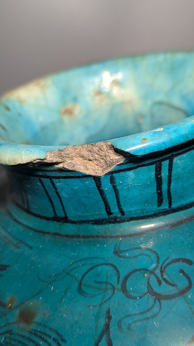 Qajar Persian Turquoise-Glazed Pottery Vase with Fish and Birds — view 11