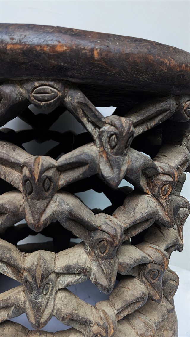 Large Cameroon Grasslands Bamileke Openwork Carved Stool — view 2