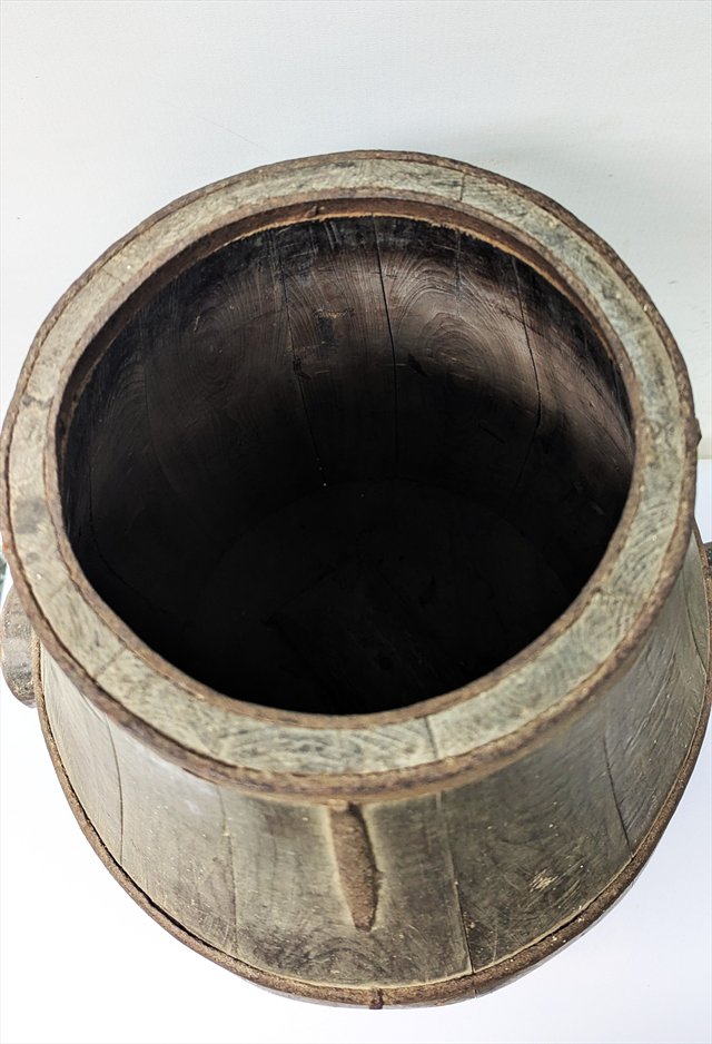 Antique Chinese Iron-Bound Wooden Grain Bucket — view 3