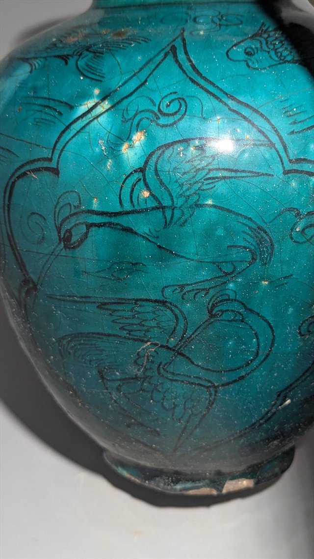 Qajar Persian Turquoise-Glazed Pottery Vase with Fish and Birds — view 9
