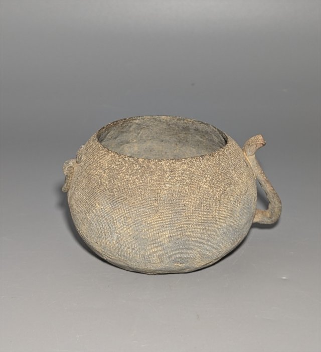Chinese Impressed Gray Pottery Handled Vessel — view 1