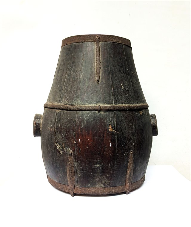 Antique Chinese Iron-Bound Wooden Grain Bucket — view 1