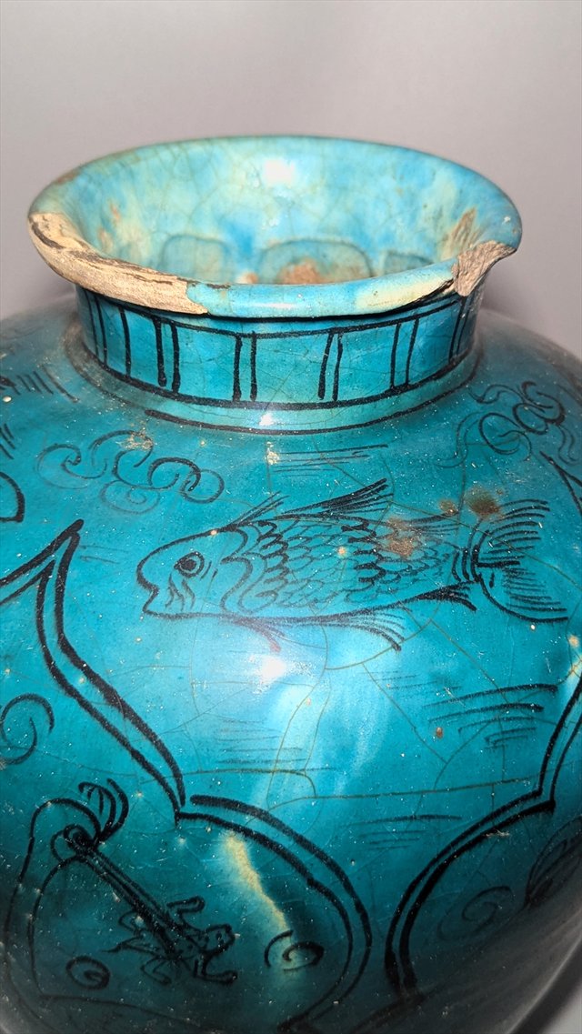 Qajar Persian Turquoise-Glazed Pottery Vase with Fish and Birds — view 5