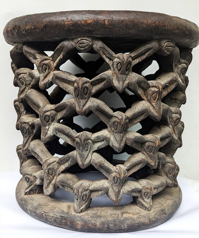 Large Cameroon Grasslands Bamileke Openwork Carved Stool — view 3