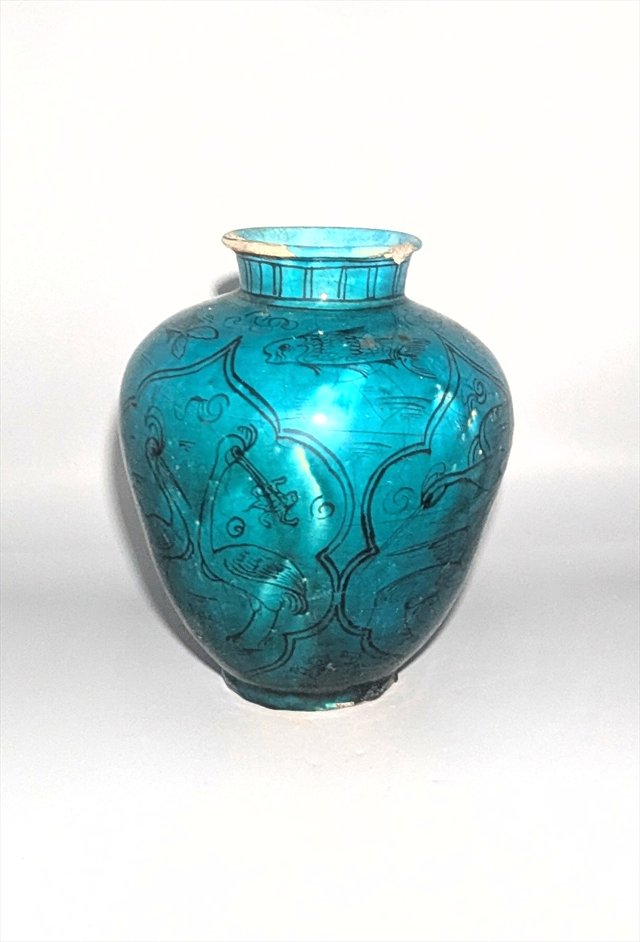 Qajar Persian Turquoise-Glazed Pottery Vase with Fish and Birds — view 4
