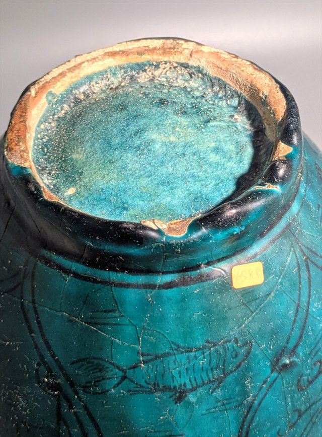 Qajar Persian Turquoise-Glazed Pottery Vase with Fish and Birds — view 13
