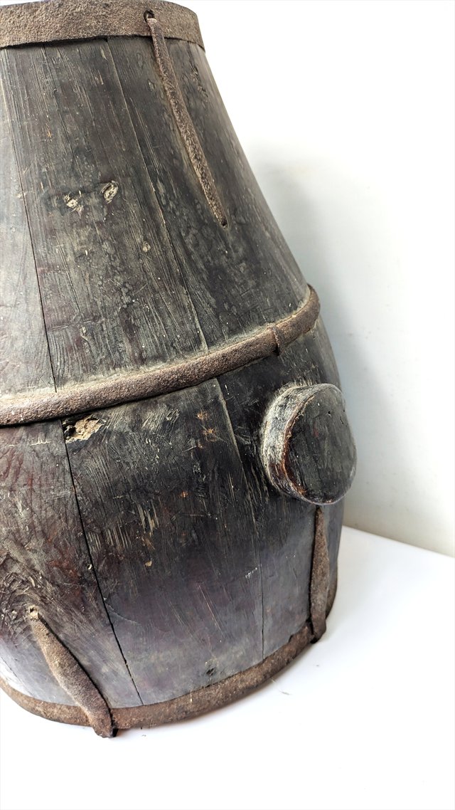 Antique Chinese Iron-Bound Wooden Grain Bucket — view 2