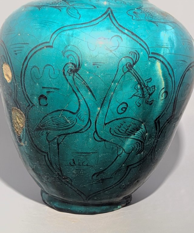 Qajar Persian Turquoise-Glazed Pottery Vase with Fish and Birds — view 3
