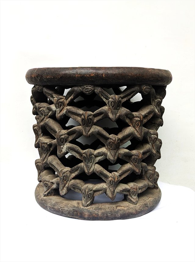 Large Cameroon Grasslands Bamileke Openwork Carved Stool — view 1
