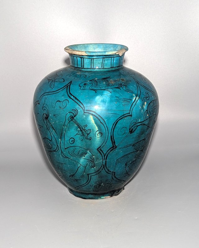 Qajar Persian Turquoise-Glazed Pottery Vase with Fish and Birds — view 2