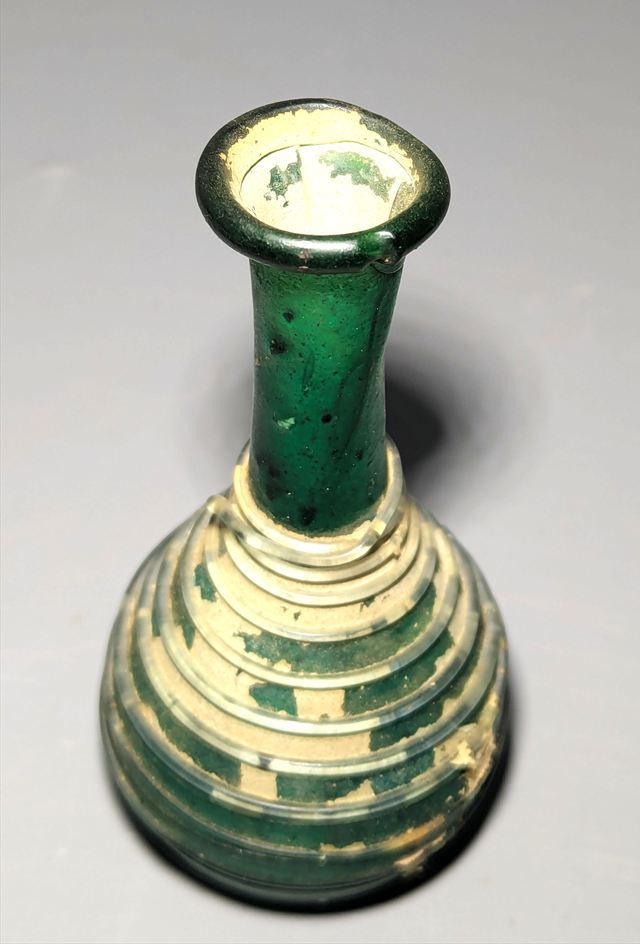 Roman or Late Roman Green Glass Bottle with Applied Spiral Trailing — view 3 of 5