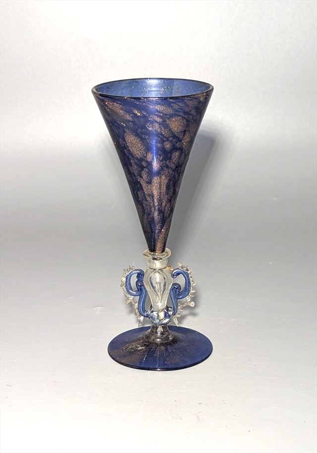 Salviati Attributed Murano Cobalt Aventurine Tipetto Goblet with Applied Crab — view 2 of 5