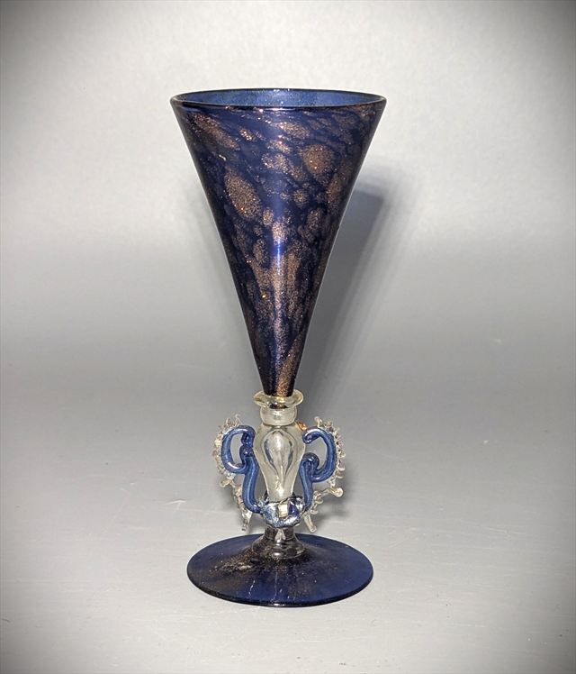 Salviati Attributed Murano Cobalt Aventurine Tipetto Goblet with Applied Crab — view 3 of 5
