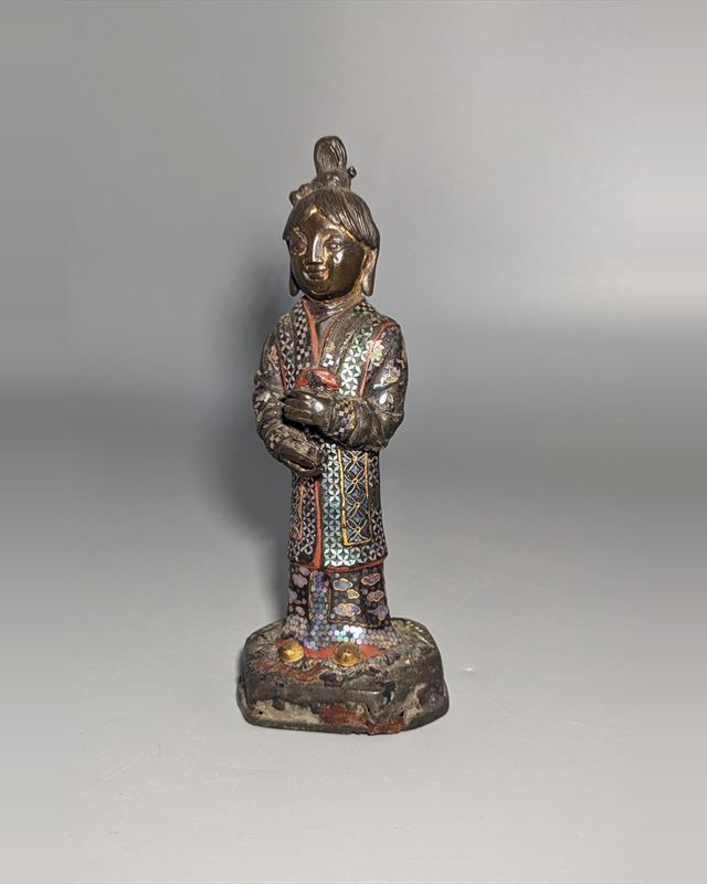 Rare Chinese Inlaid Bronze Figure of a Female Attendant — view 1 of 5