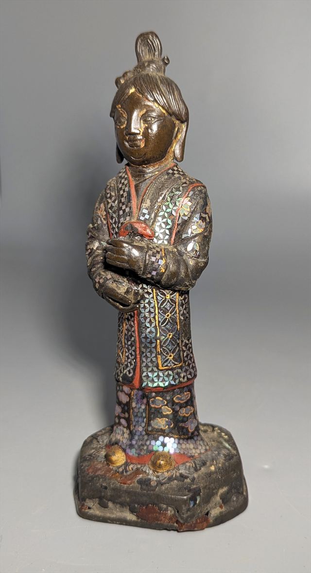 Rare Chinese Inlaid Bronze Figure of a Female Attendant — view 2 of 5