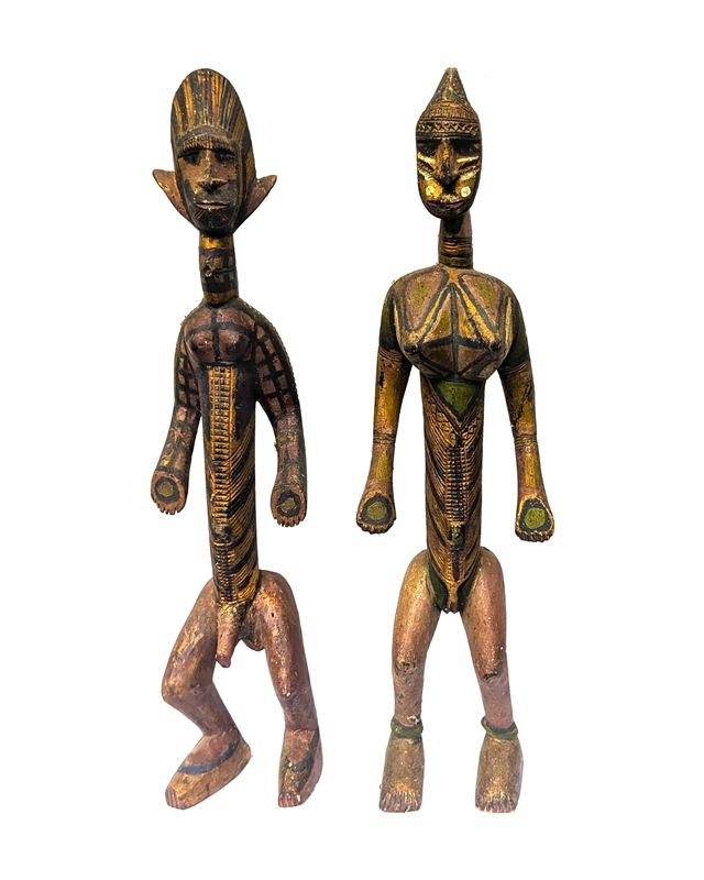 Pair of West African Polychrome Carved Wood Figures, Attributed to the Bamana, Mali