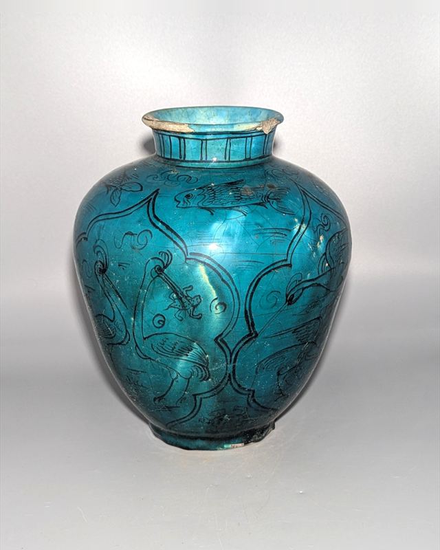 Qajar Persian Turquoise-Glazed Pottery Vase with Fish and Birds